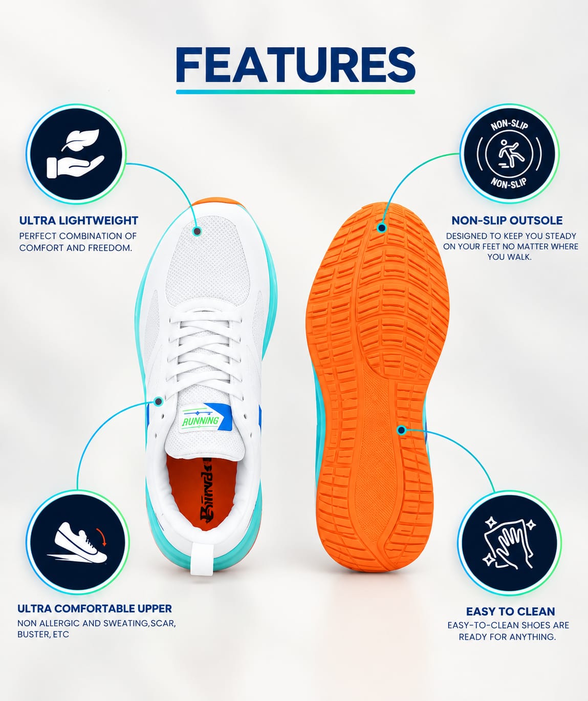 Men’s Lightweight Running Shoes – White, Blue & Aqua